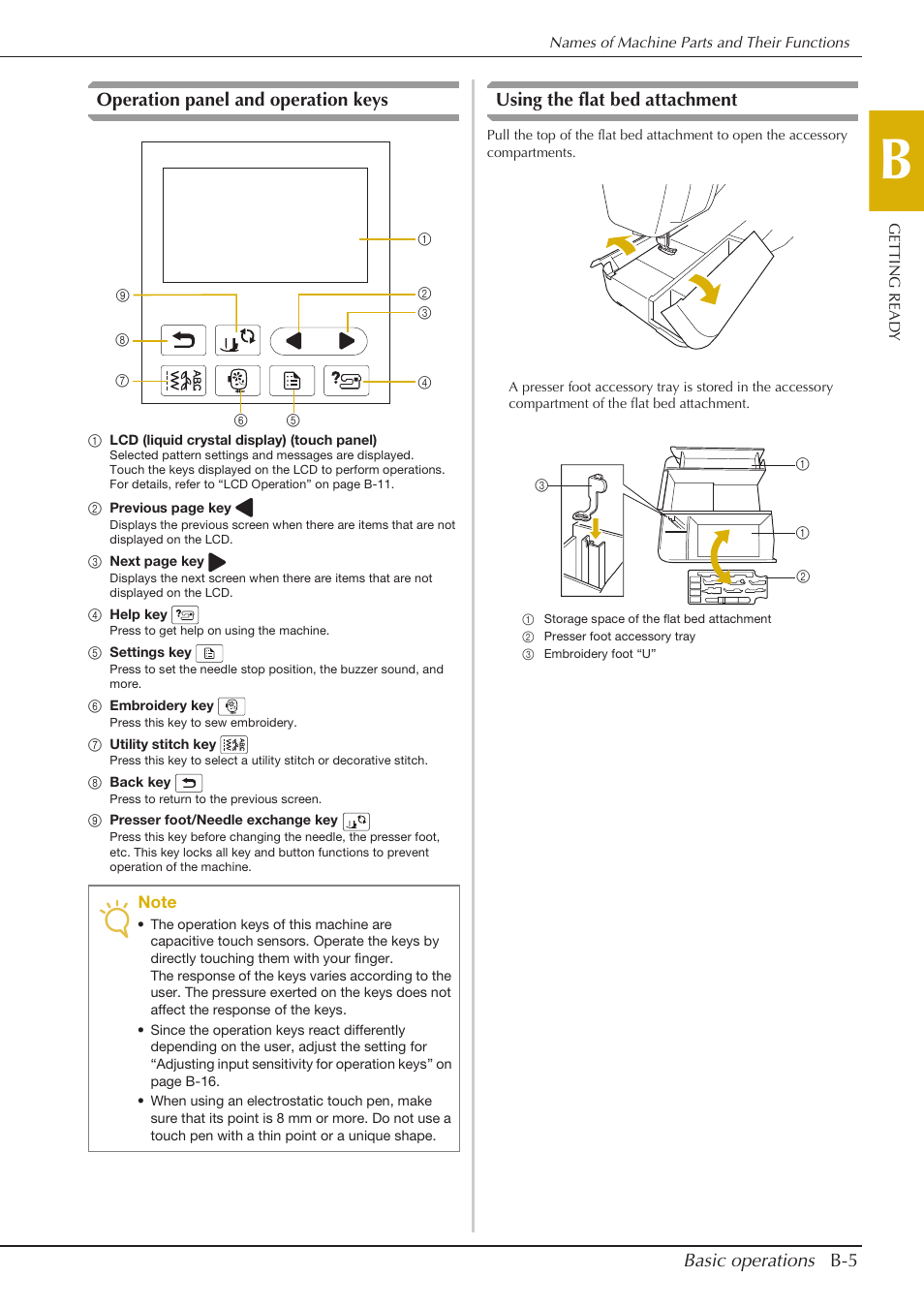Basic operations b-5, Operation panel and operation keys, Using the flat bed attachment | Baby Lock Aventura (BLMAV) Instruction and Reference Guide User Manual | Page 15 / 204