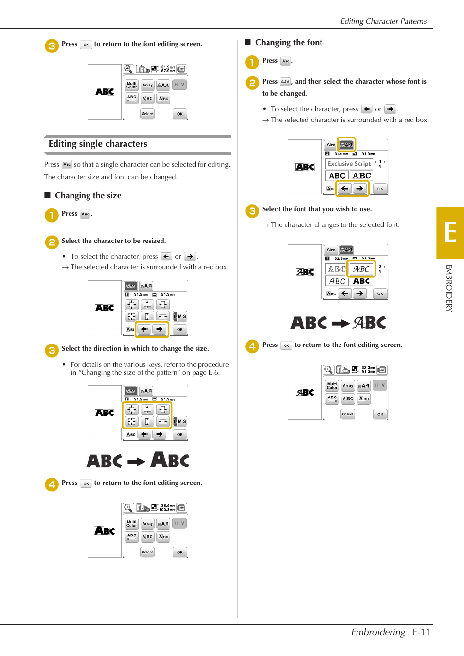 Embroidering e-11, Editing single characters | Baby Lock Aventura (BLMAV) Instruction and Reference Guide User Manual | Page 151 / 204