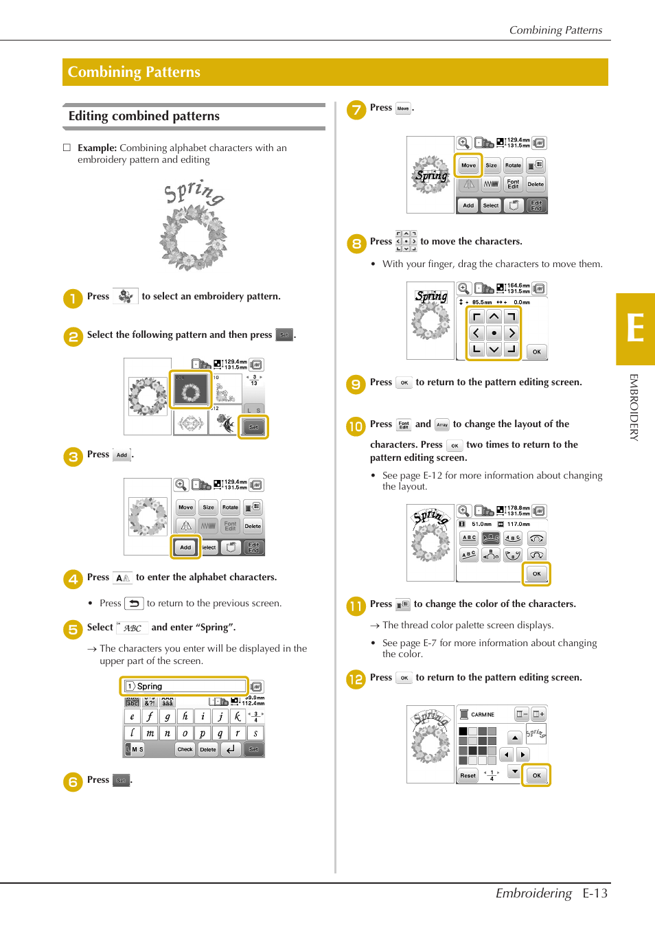 Combining patterns, Embroidering e-13, Editing combined patterns | Baby Lock Aventura (BLMAV) Instruction and Reference Guide User Manual | Page 153 / 204