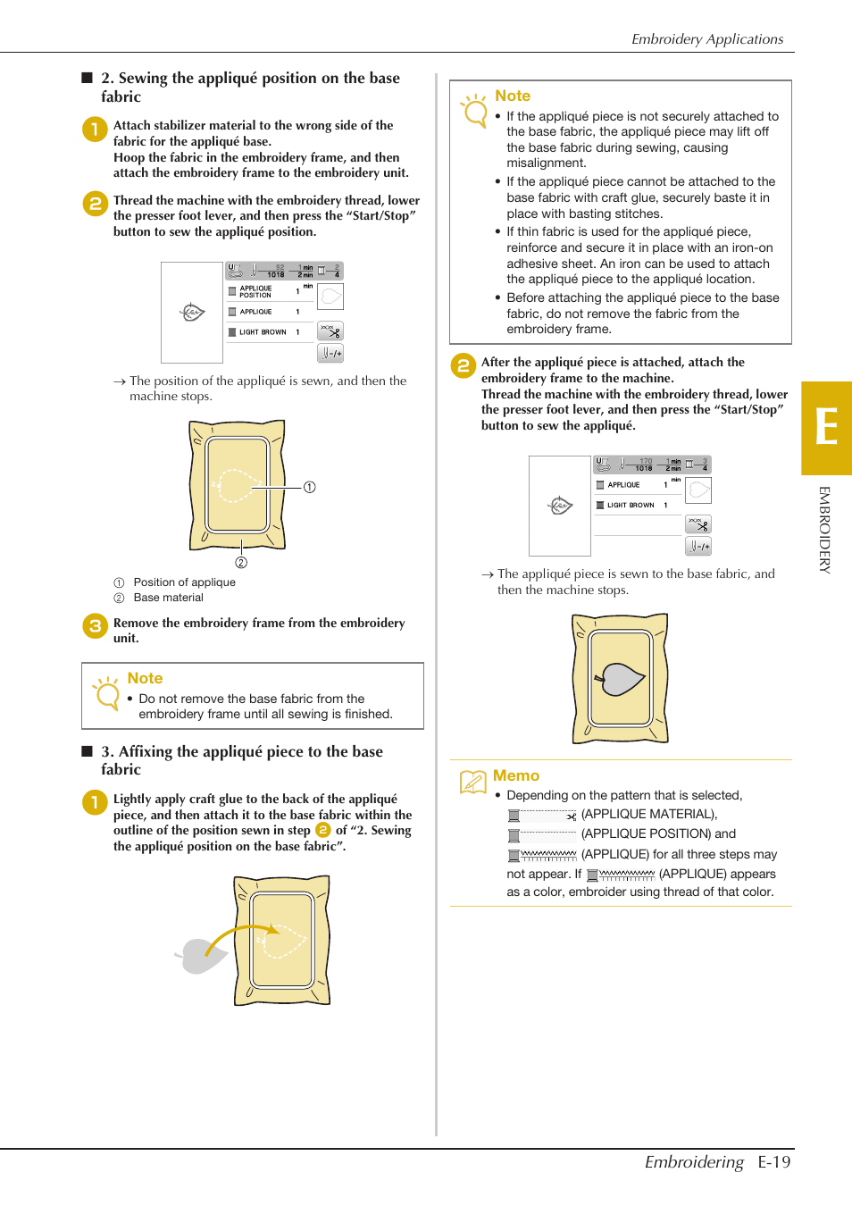 Embroidering e-19 | Baby Lock Aventura (BLMAV) Instruction and Reference Guide User Manual | Page 159 / 204