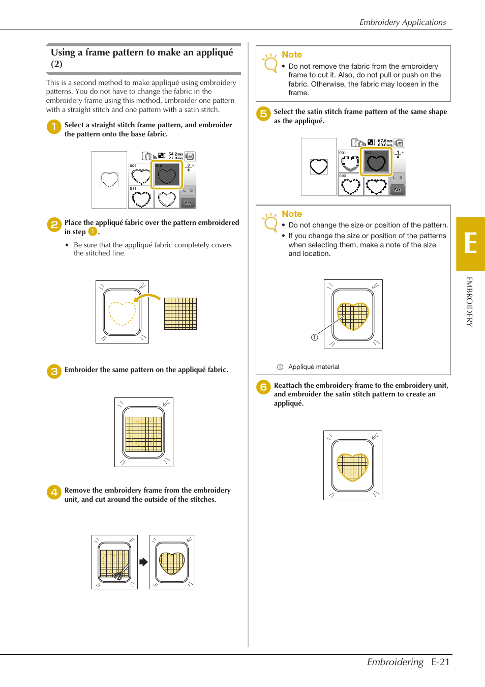 Embroidering e-21, Using a frame pattern to make an appliqué (2) | Baby Lock Aventura (BLMAV) Instruction and Reference Guide User Manual | Page 161 / 204