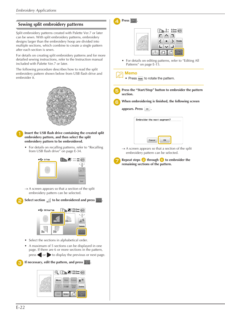 E-22 sewing split embroidery patterns | Baby Lock Aventura (BLMAV) Instruction and Reference Guide User Manual | Page 162 / 204