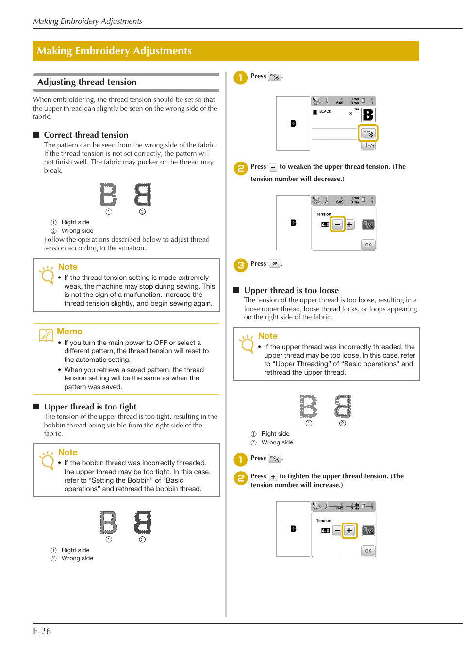 Making embroidery adjustments, E-26 adjusting thread tension | Baby Lock Aventura (BLMAV) Instruction and Reference Guide User Manual | Page 166 / 204