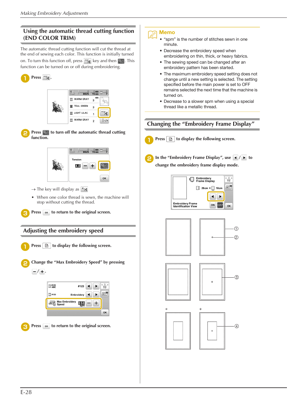 Adjusting the embroidery speed, Changing the “embroidery frame display | Baby Lock Aventura (BLMAV) Instruction and Reference Guide User Manual | Page 168 / 204
