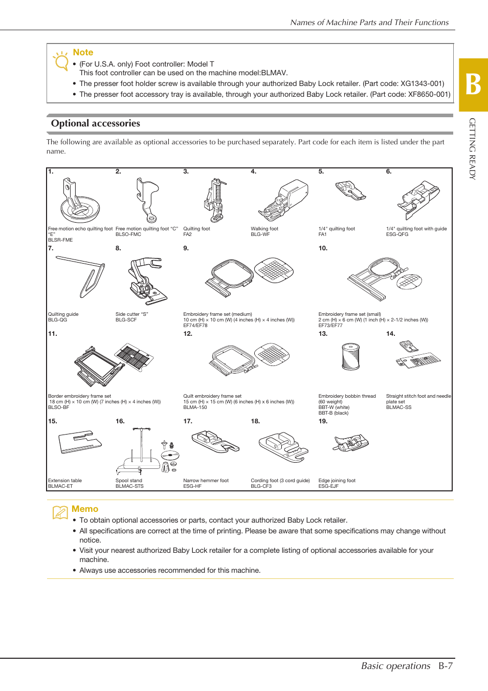 Basic operations b-7, Optional accessories | Baby Lock Aventura (BLMAV) Instruction and Reference Guide User Manual | Page 17 / 204