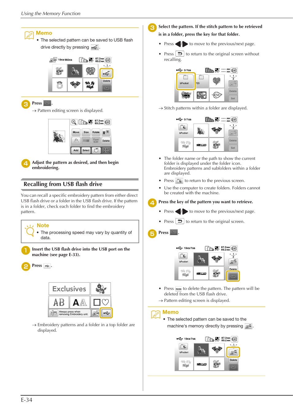 E-34, Recalling from usb flash drive | Baby Lock Aventura (BLMAV) Instruction and Reference Guide User Manual | Page 174 / 204
