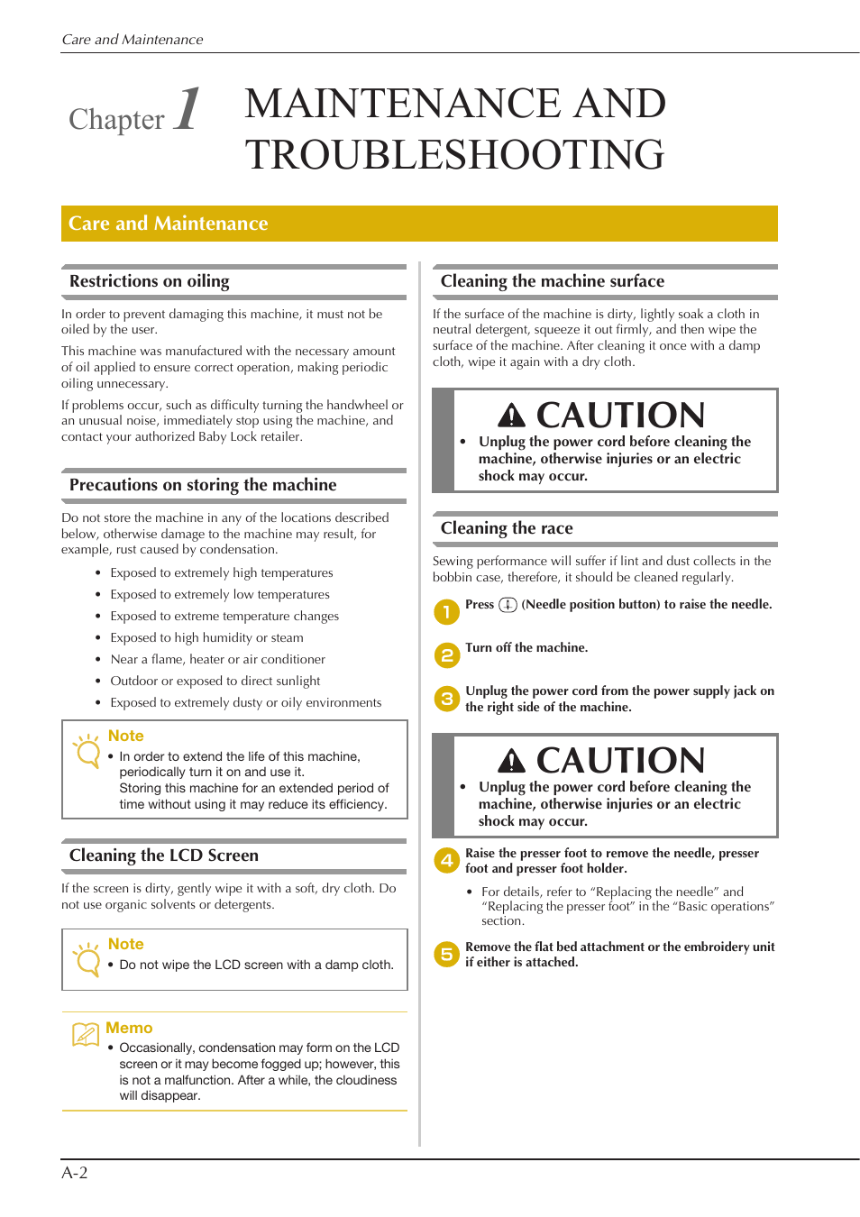 Maintenance and troubleshooting, Caution, Chapter | Care and maintenance | Baby Lock Aventura (BLMAV) Instruction and Reference Guide User Manual | Page 178 / 204