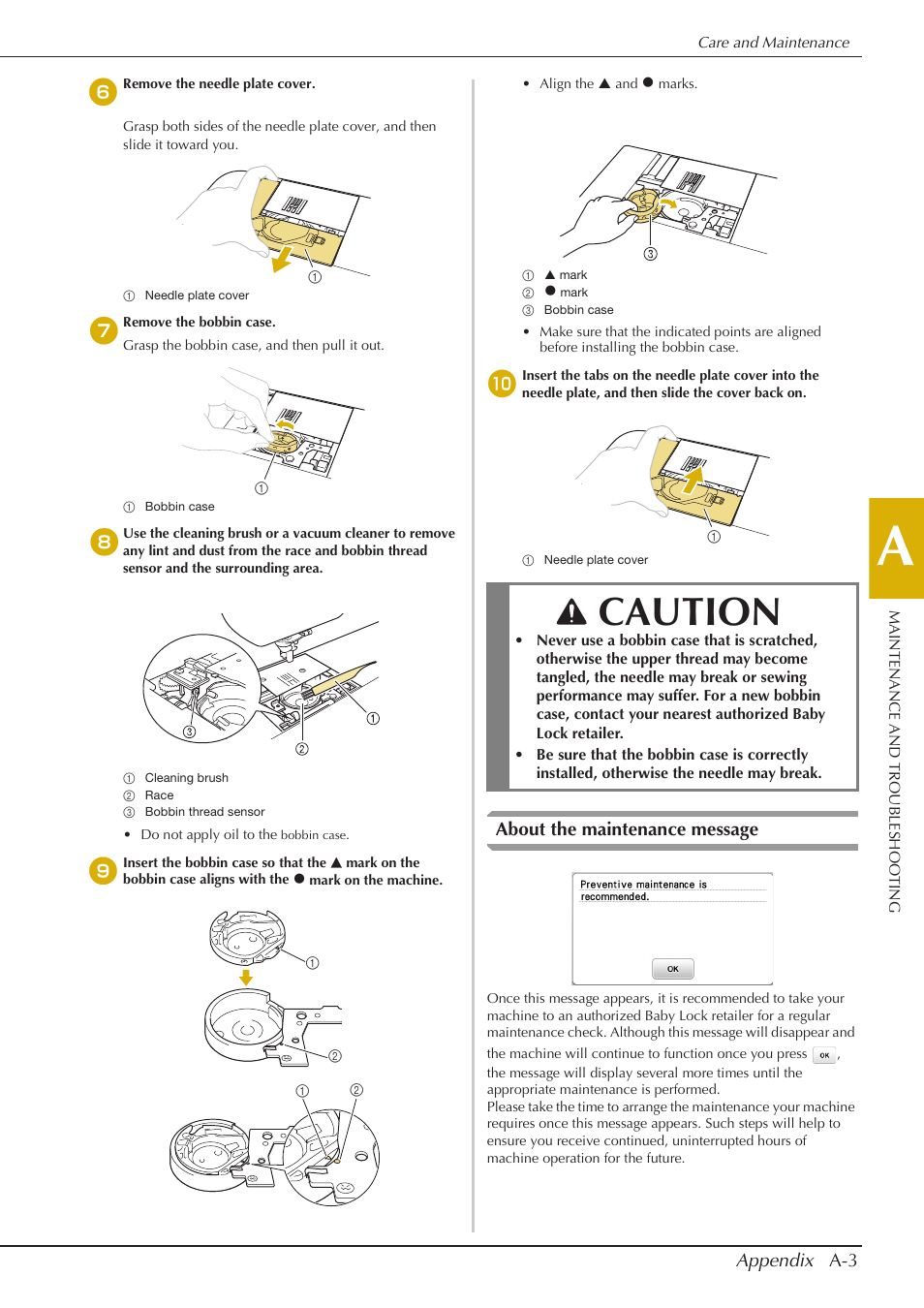 Caution, Appendix a-3, About the maintenance message | Baby Lock Aventura (BLMAV) Instruction and Reference Guide User Manual | Page 179 / 204