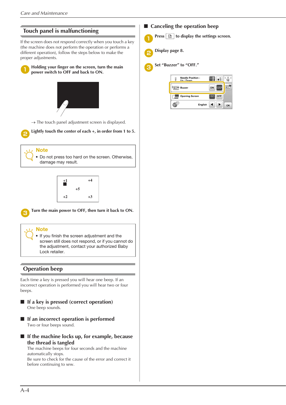 A-4 touch panel is malfunctioning, Operation beep | Baby Lock Aventura (BLMAV) Instruction and Reference Guide User Manual | Page 180 / 204