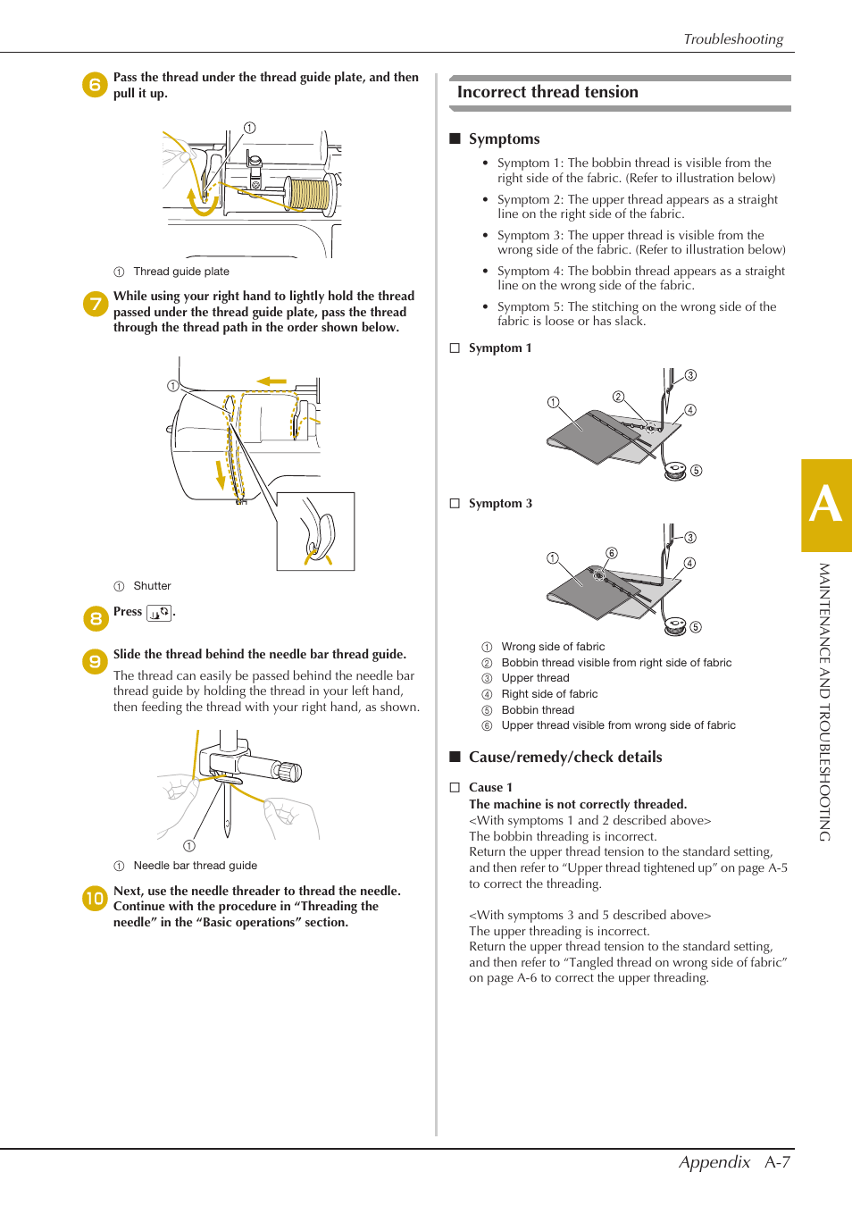 Appendix a-7, Incorrect thread tension | Baby Lock Aventura (BLMAV) Instruction and Reference Guide User Manual | Page 183 / 204