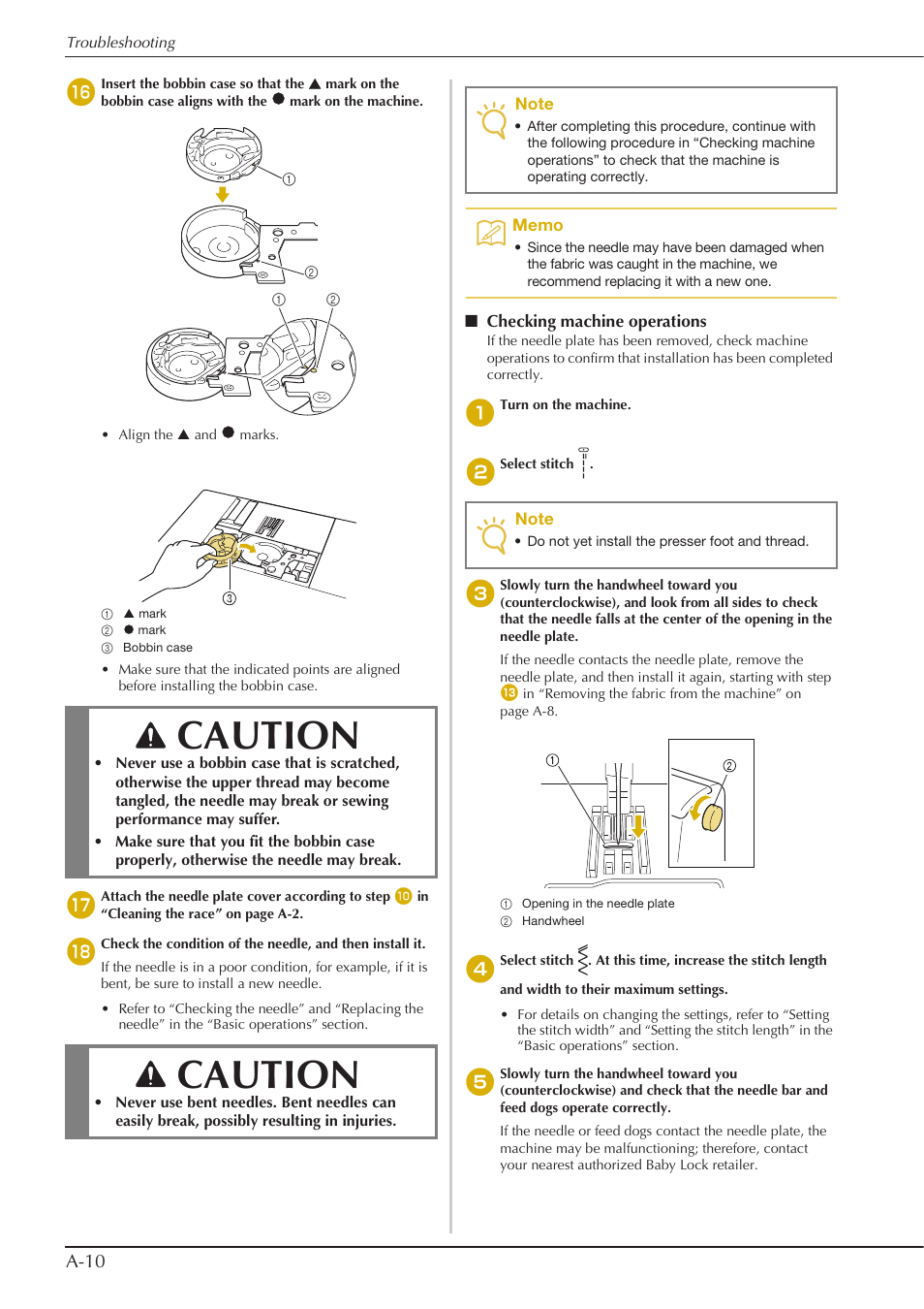 Caution, A-10 | Baby Lock Aventura (BLMAV) Instruction and Reference Guide User Manual | Page 186 / 204
