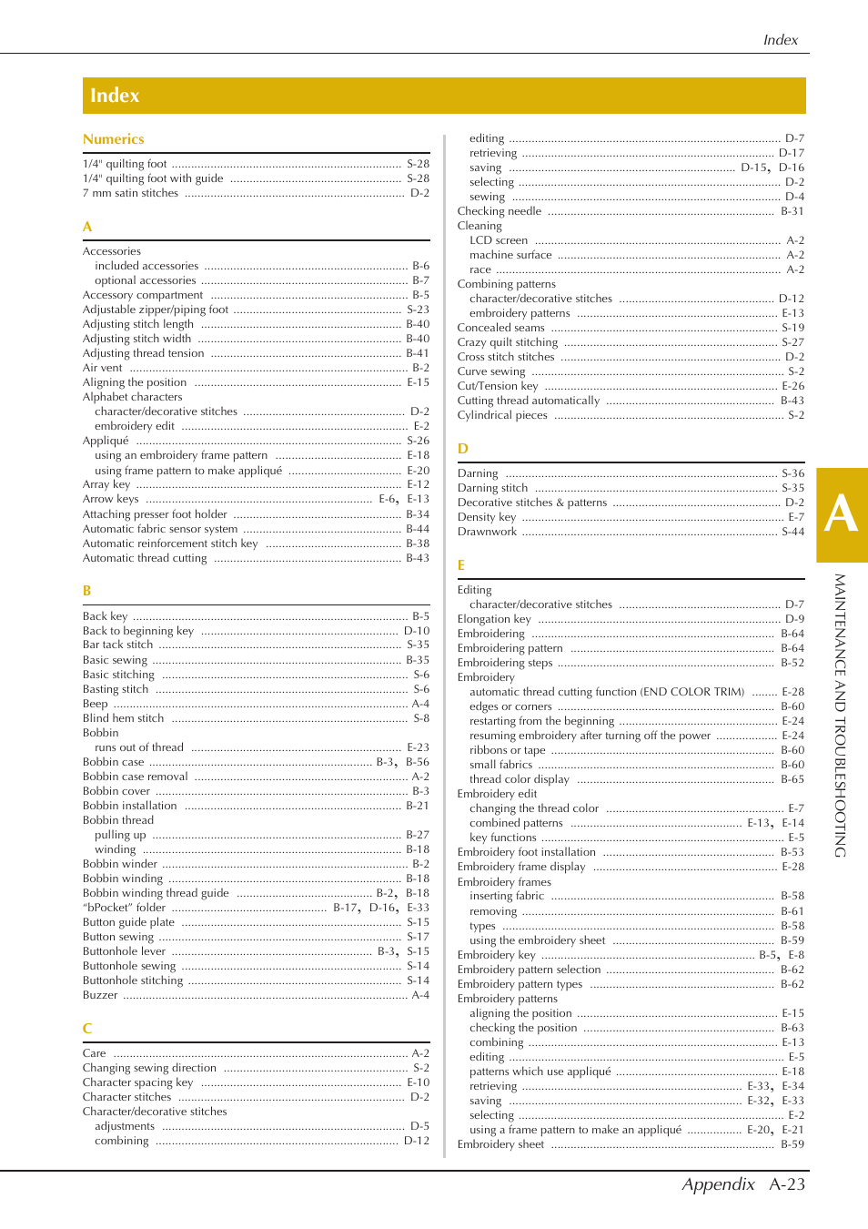 Index, Appendix a-23 | Baby Lock Aventura (BLMAV) Instruction and Reference Guide User Manual | Page 199 / 204