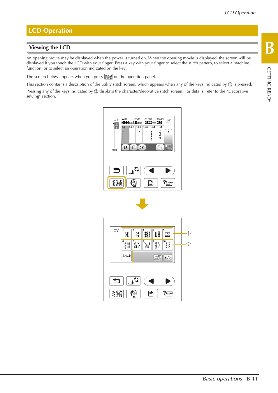 Lcd operation | Baby Lock Aventura (BLMAV) Instruction and Reference Guide User Manual | Page 21 / 204