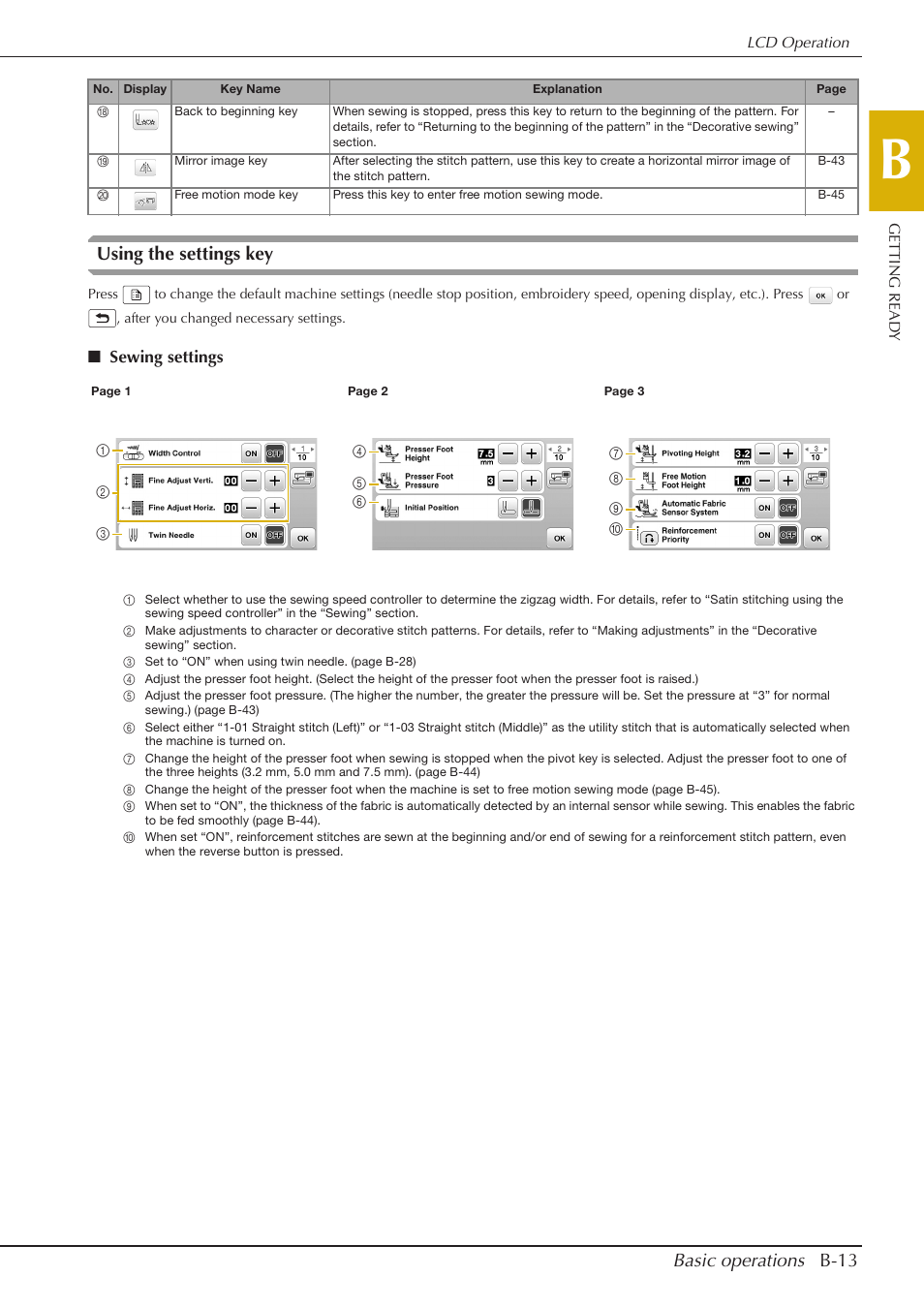 Basic operations b-13, Using the settings key | Baby Lock Aventura (BLMAV) Instruction and Reference Guide User Manual | Page 23 / 204