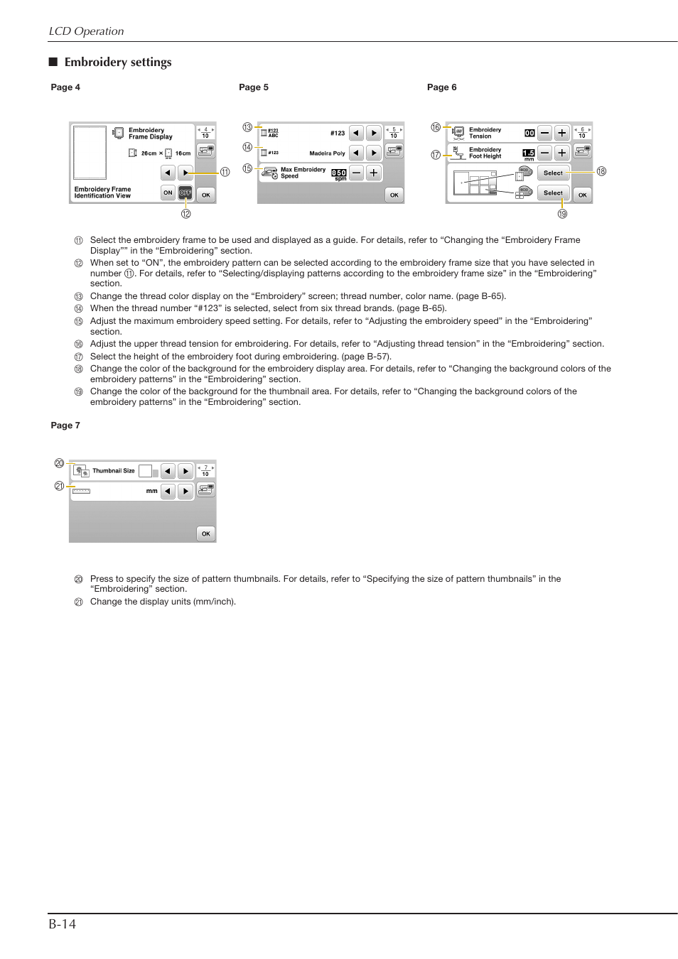 B-14, Embroidery settings | Baby Lock Aventura (BLMAV) Instruction and Reference Guide User Manual | Page 24 / 204