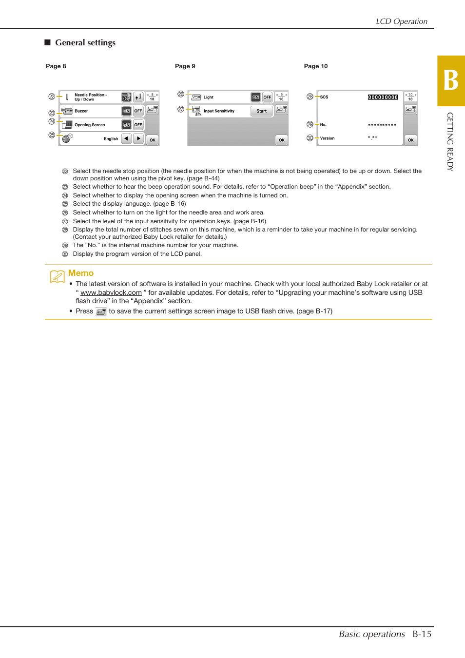 Basic operations b-15 | Baby Lock Aventura (BLMAV) Instruction and Reference Guide User Manual | Page 25 / 204
