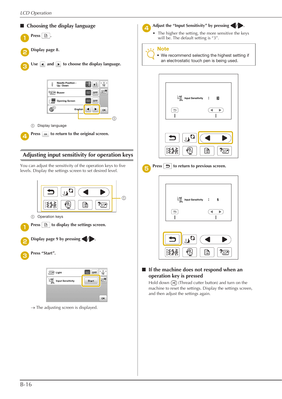 B-16, Adjusting input sensitivity for operation keys | Baby Lock Aventura (BLMAV) Instruction and Reference Guide User Manual | Page 26 / 204