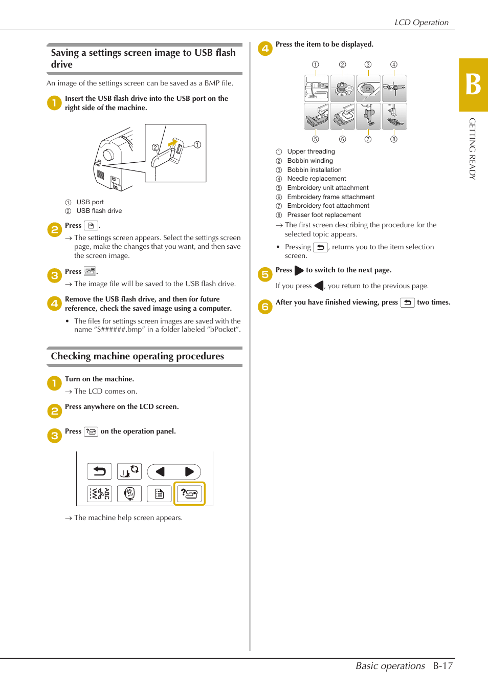 Basic operations b-17, Saving a settings screen image to usb flash drive, Checking machine operating procedures | Baby Lock Aventura (BLMAV) Instruction and Reference Guide User Manual | Page 27 / 204