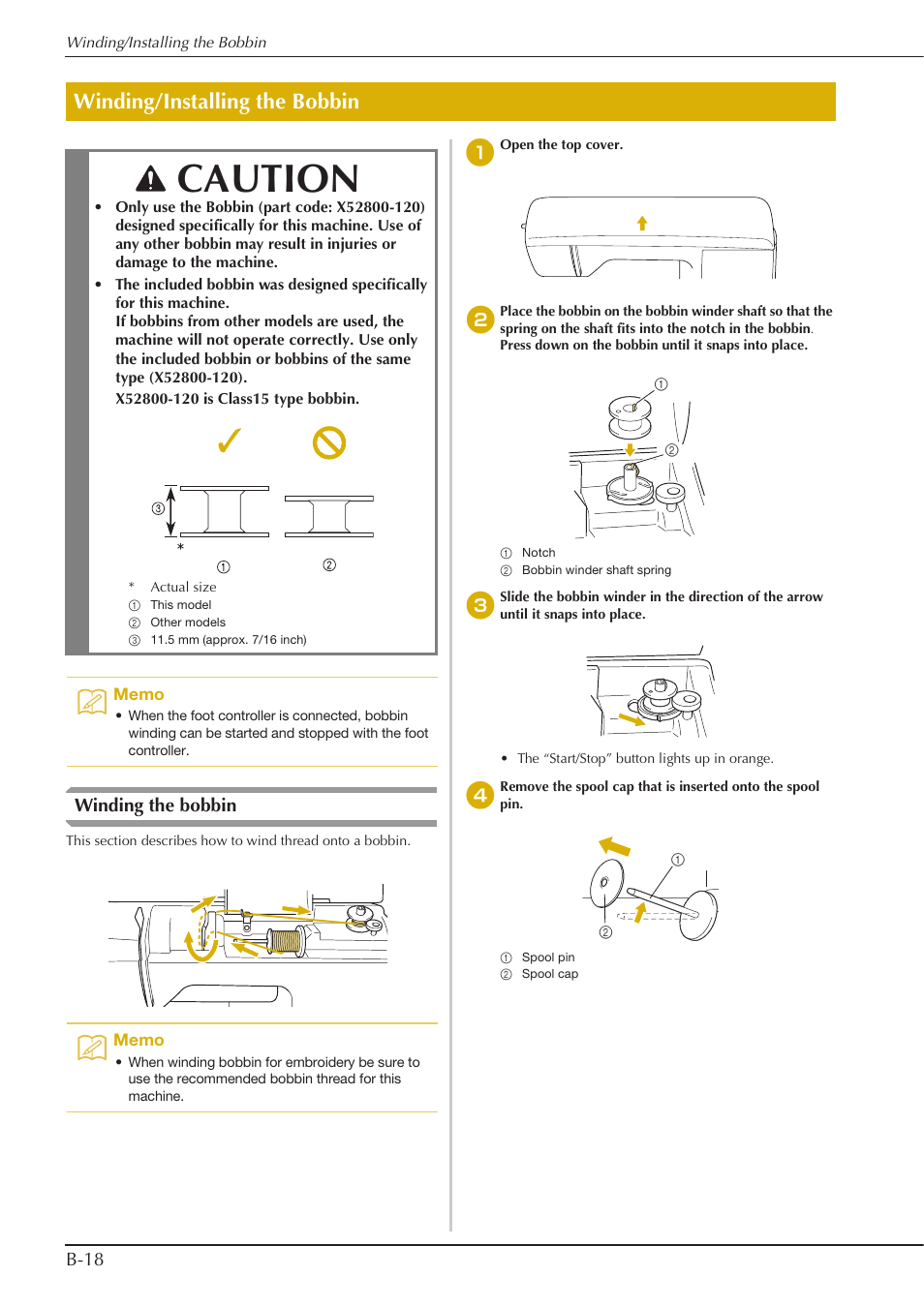 Caution, Winding/installing the bobbin, B-18 winding the bobbin | Baby Lock Aventura (BLMAV) Instruction and Reference Guide User Manual | Page 28 / 204