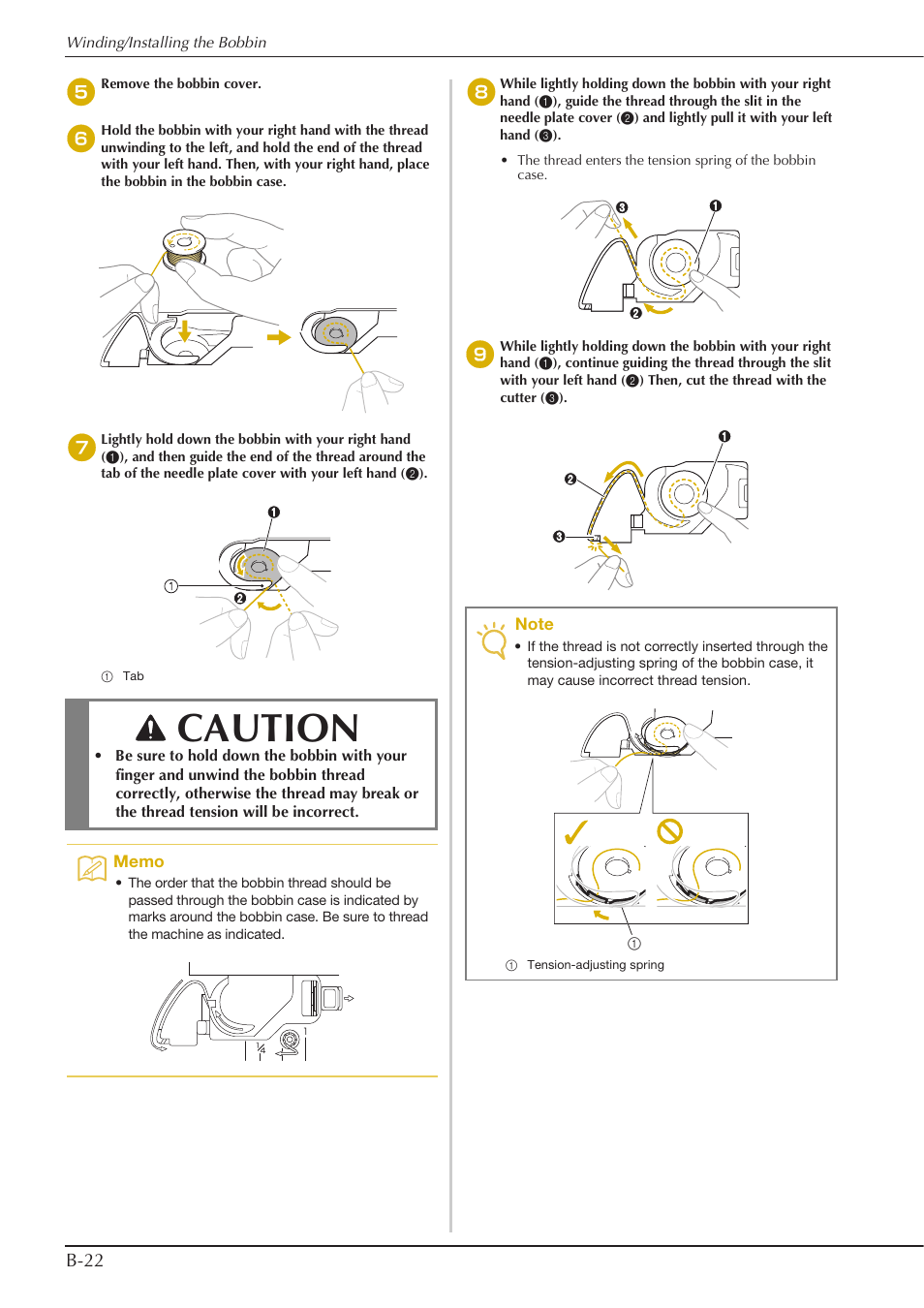 Caution, B-22 | Baby Lock Aventura (BLMAV) Instruction and Reference Guide User Manual | Page 32 / 204