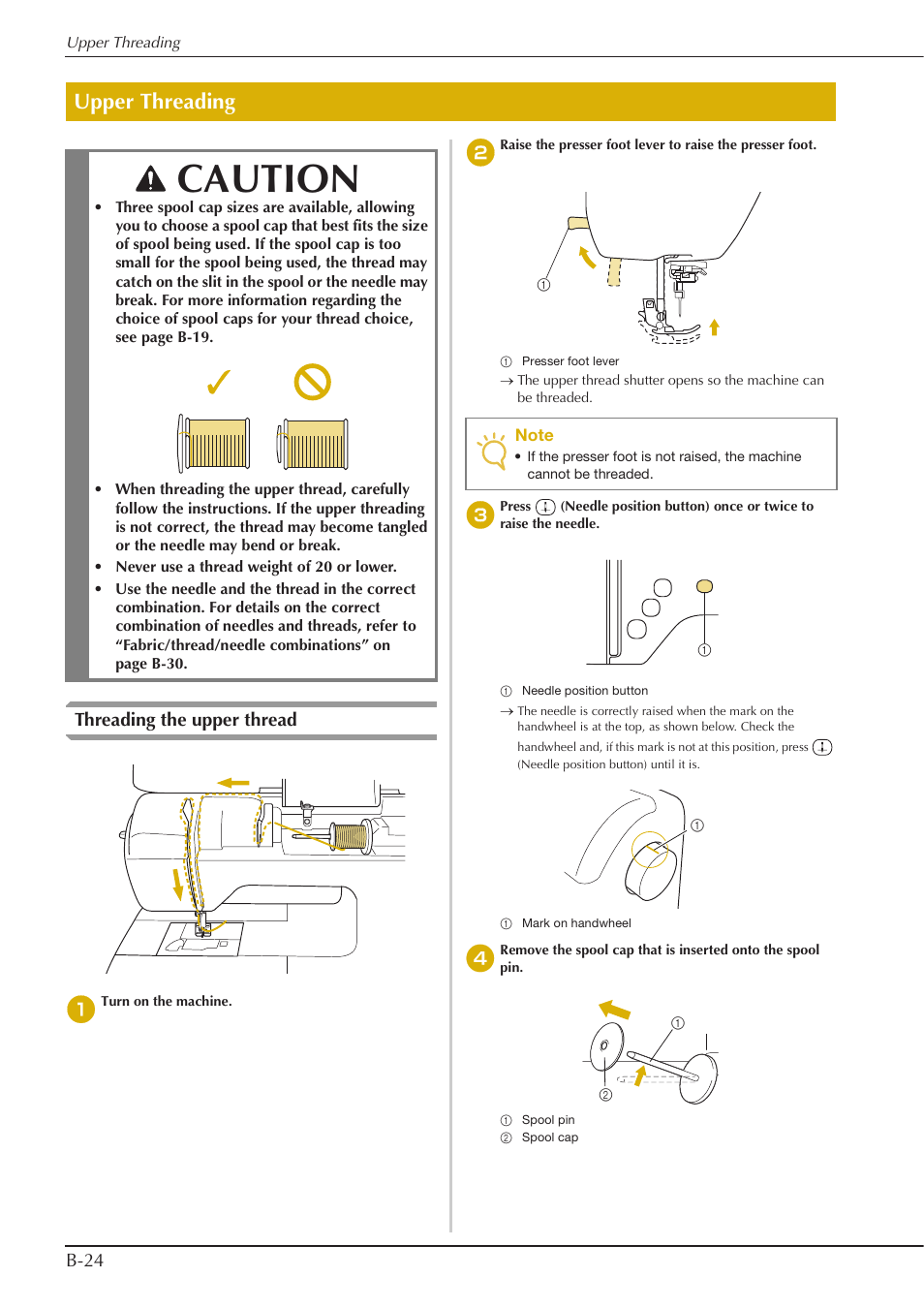 Caution, Upper threading, B-24 threading the upper thread | Baby Lock Aventura (BLMAV) Instruction and Reference Guide User Manual | Page 34 / 204