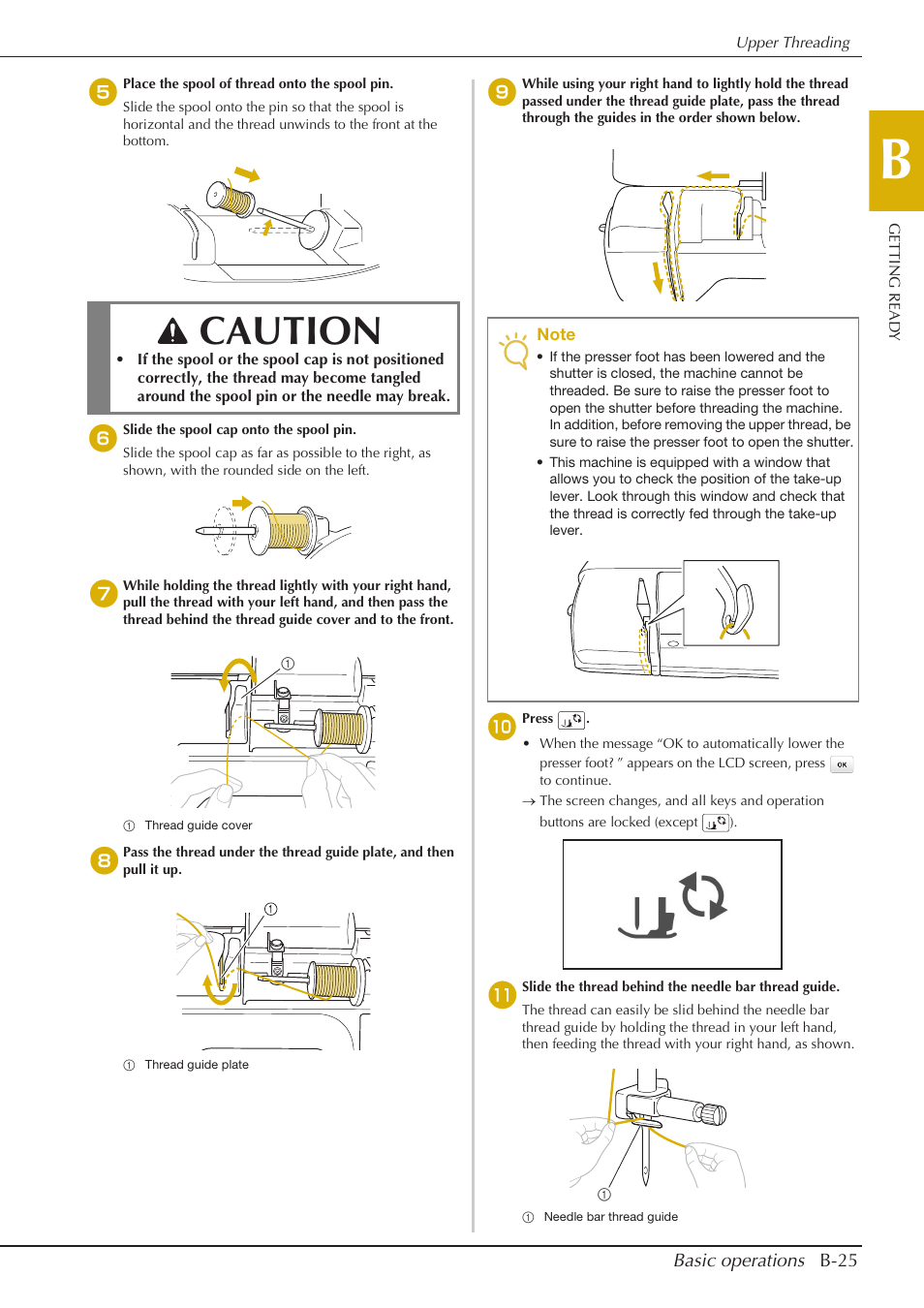 Caution, Basic operations b-25 | Baby Lock Aventura (BLMAV) Instruction and Reference Guide User Manual | Page 35 / 204