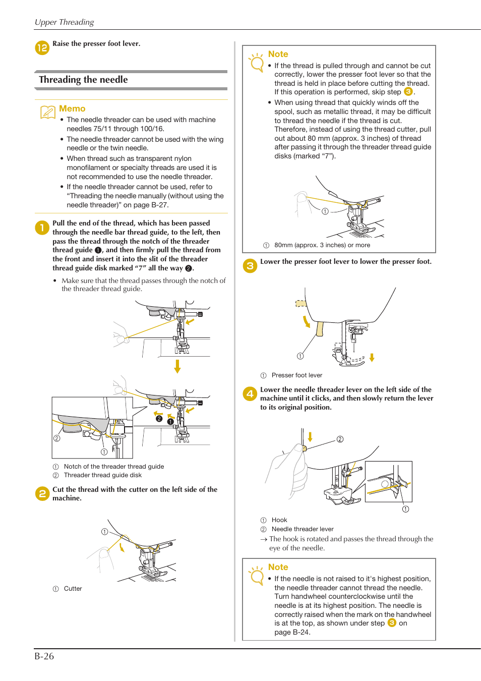 B-26, Threading the needle | Baby Lock Aventura (BLMAV) Instruction and Reference Guide User Manual | Page 36 / 204