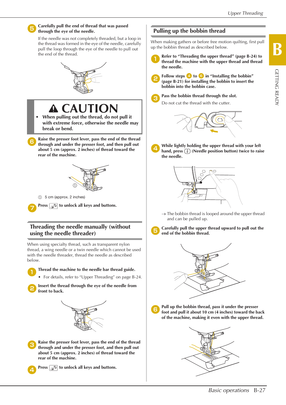 Caution, Basic operations b-27, Pulling up the bobbin thread | Baby Lock Aventura (BLMAV) Instruction and Reference Guide User Manual | Page 37 / 204