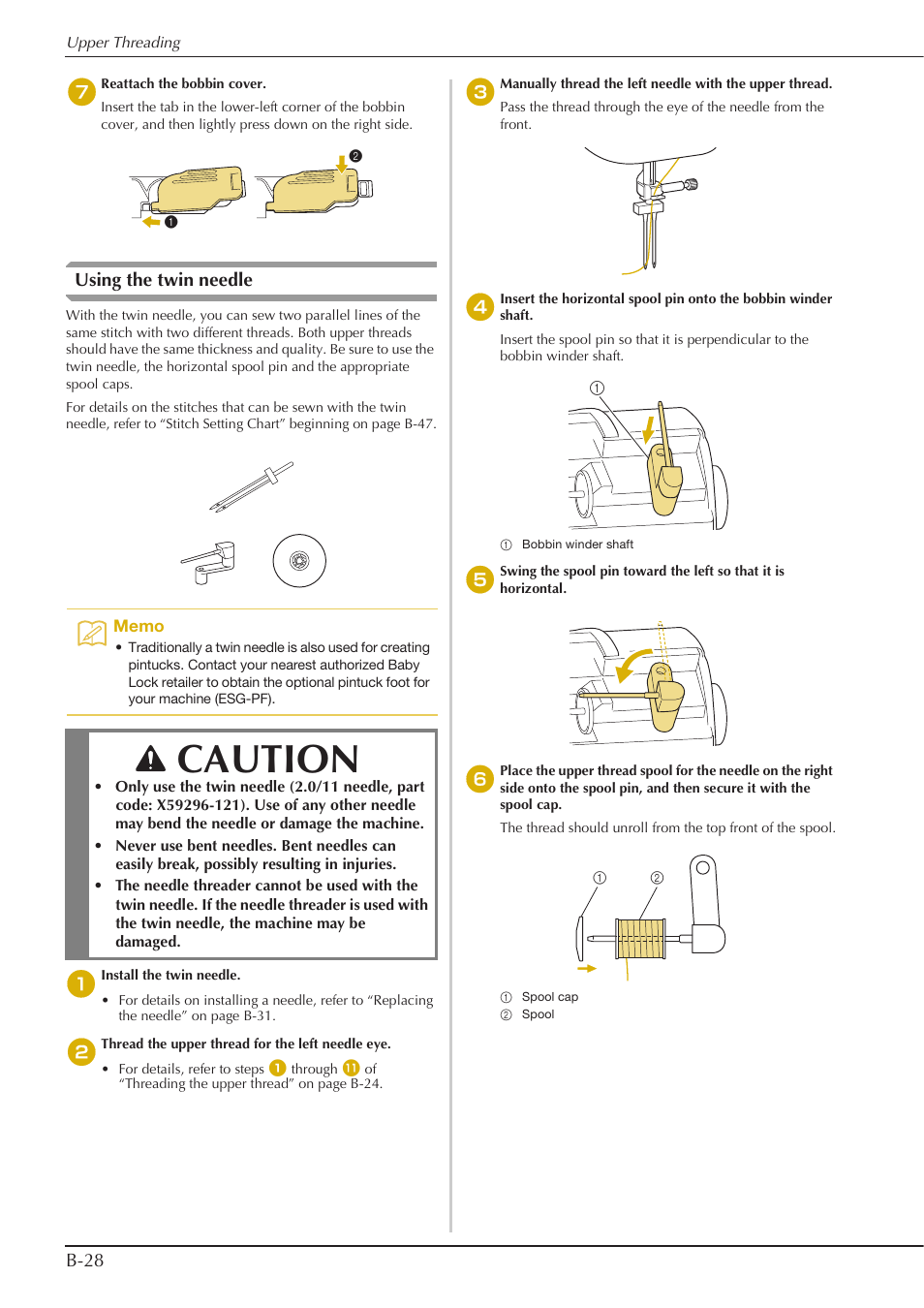 Caution, B-28, Using the twin needle | Baby Lock Aventura (BLMAV) Instruction and Reference Guide User Manual | Page 38 / 204
