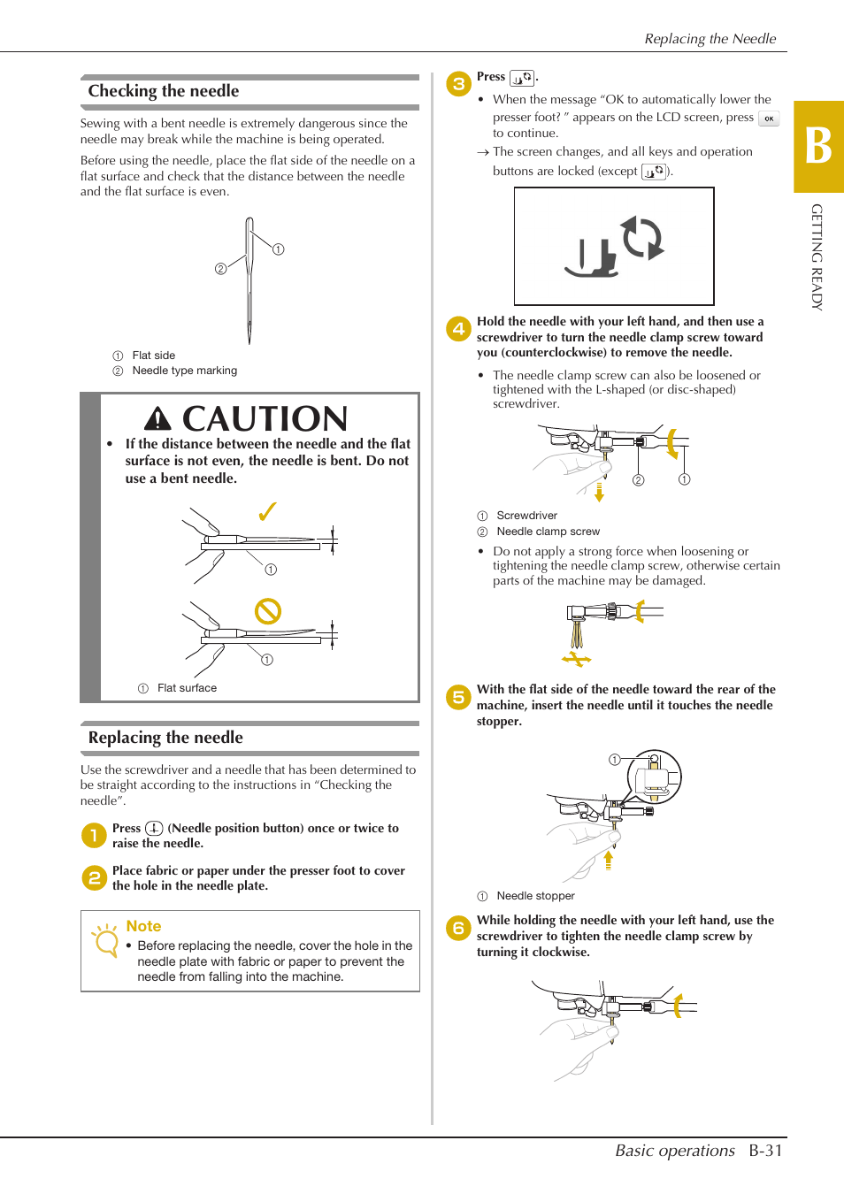 Caution, Basic operations b-31, Checking the needle | Replacing the needle | Baby Lock Aventura (BLMAV) Instruction and Reference Guide User Manual | Page 41 / 204