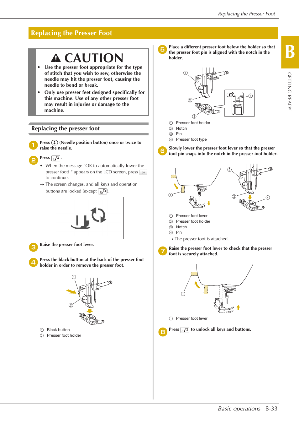 Caution, Basic operations b-33, Replacing the presser foot | Baby Lock Aventura (BLMAV) Instruction and Reference Guide User Manual | Page 43 / 204