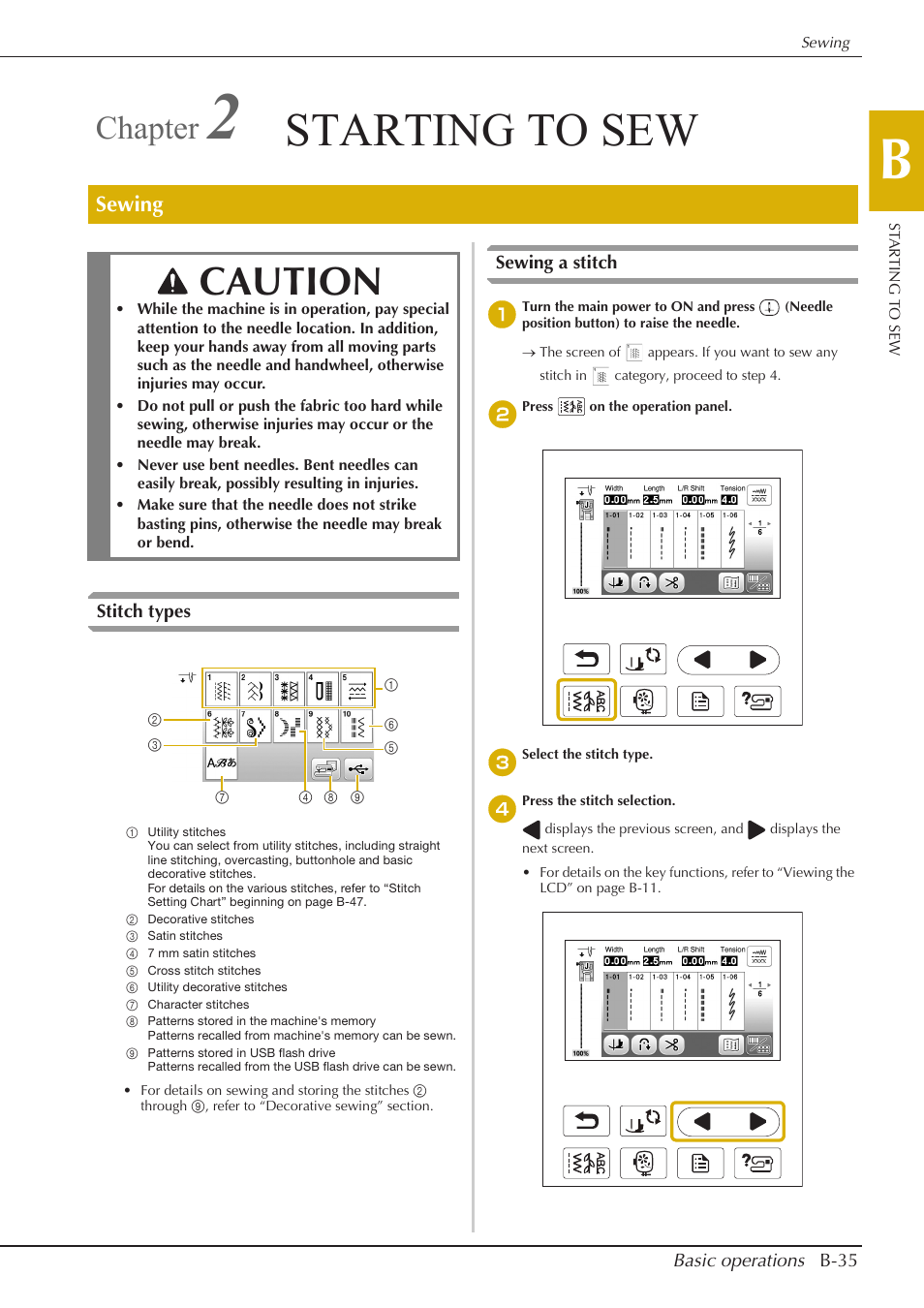 Starting to sew, Caution, Chapter | Sewing | Baby Lock Aventura (BLMAV) Instruction and Reference Guide User Manual | Page 45 / 204