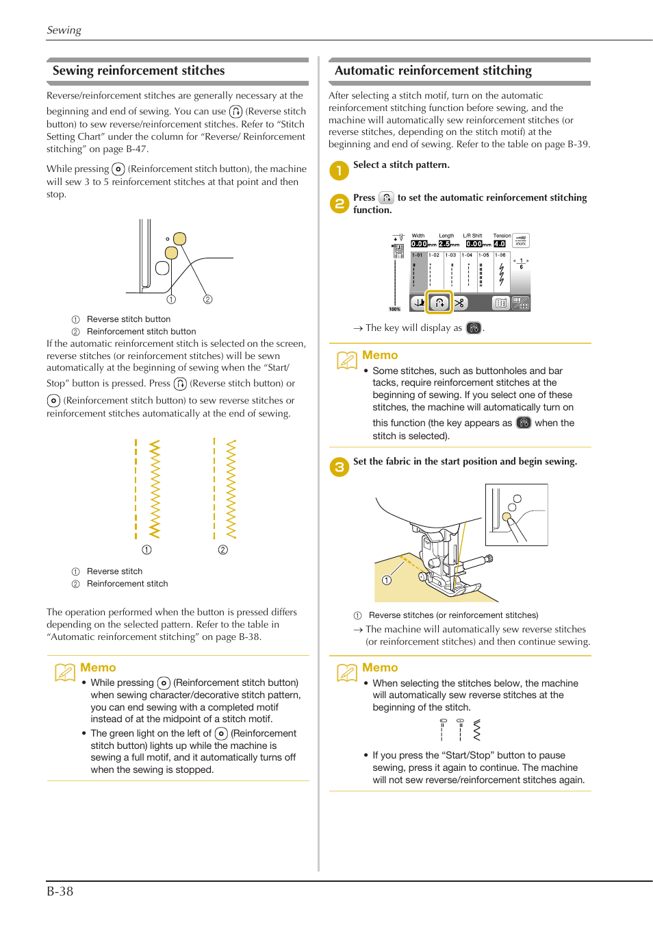 B-38 sewing reinforcement stitches, Automatic reinforcement stitching | Baby Lock Aventura (BLMAV) Instruction and Reference Guide User Manual | Page 48 / 204