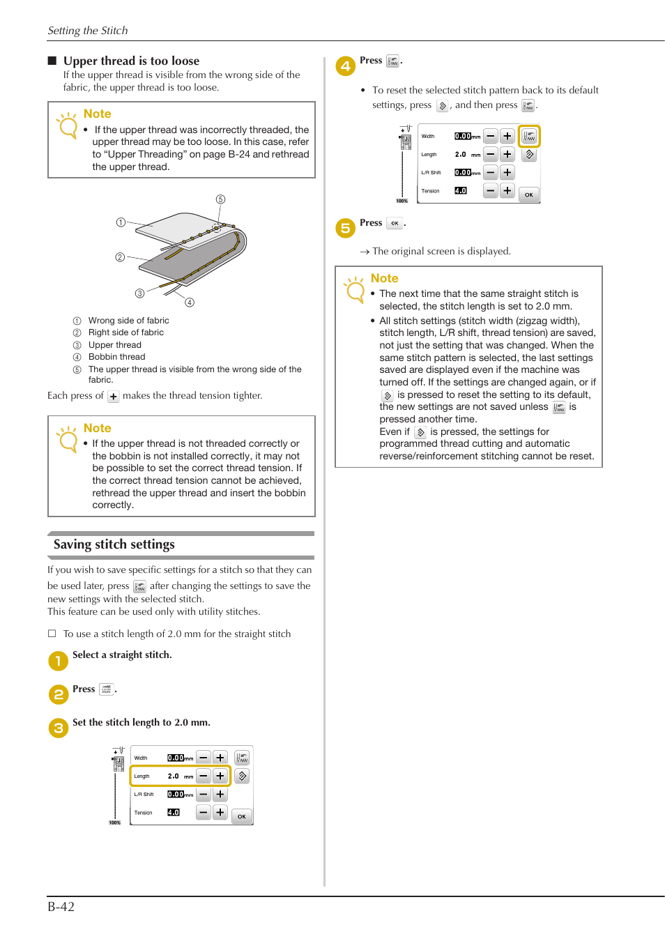 B-42, Saving stitch settings | Baby Lock Aventura (BLMAV) Instruction and Reference Guide User Manual | Page 52 / 204