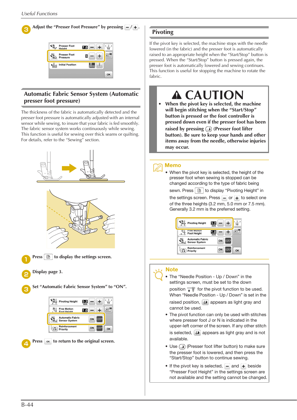 Caution, B-44, Pivoting | Baby Lock Aventura (BLMAV) Instruction and Reference Guide User Manual | Page 54 / 204