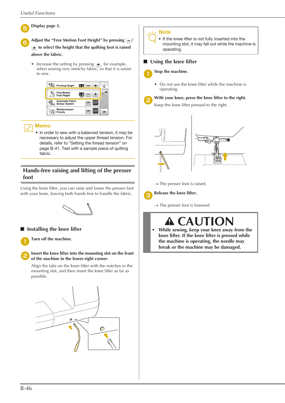 Caution, B-46, Hands-free raising and lifting of the presser foot | Baby Lock Aventura (BLMAV) Instruction and Reference Guide User Manual | Page 56 / 204