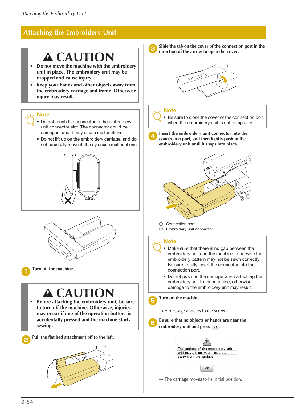 Caution, Attaching the embroidery unit | Baby Lock Aventura (BLMAV) Instruction and Reference Guide User Manual | Page 64 / 204