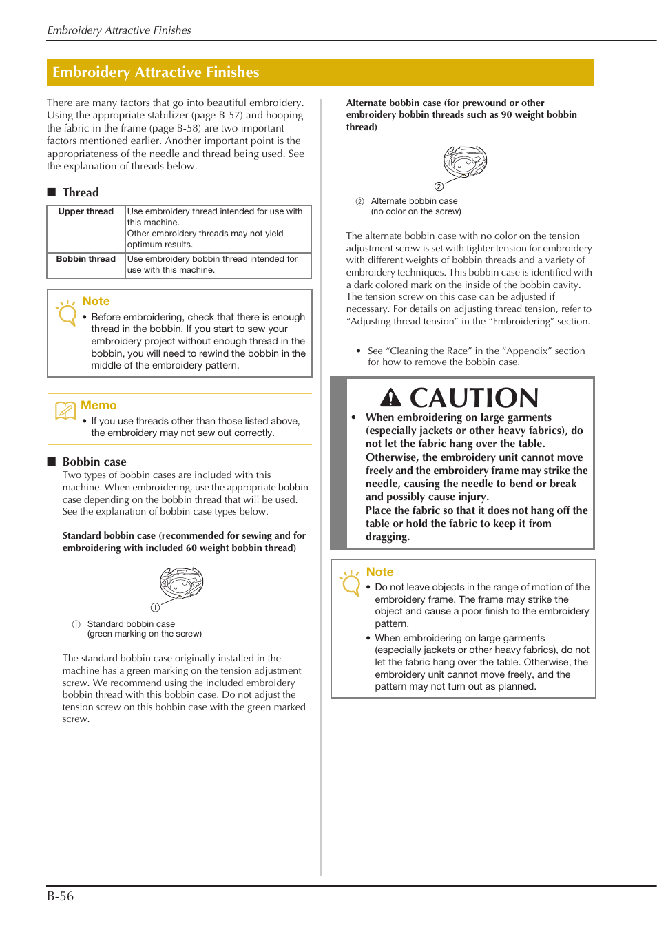 Caution, Embroidery attractive finishes, B-56 | Baby Lock Aventura (BLMAV) Instruction and Reference Guide User Manual | Page 66 / 204