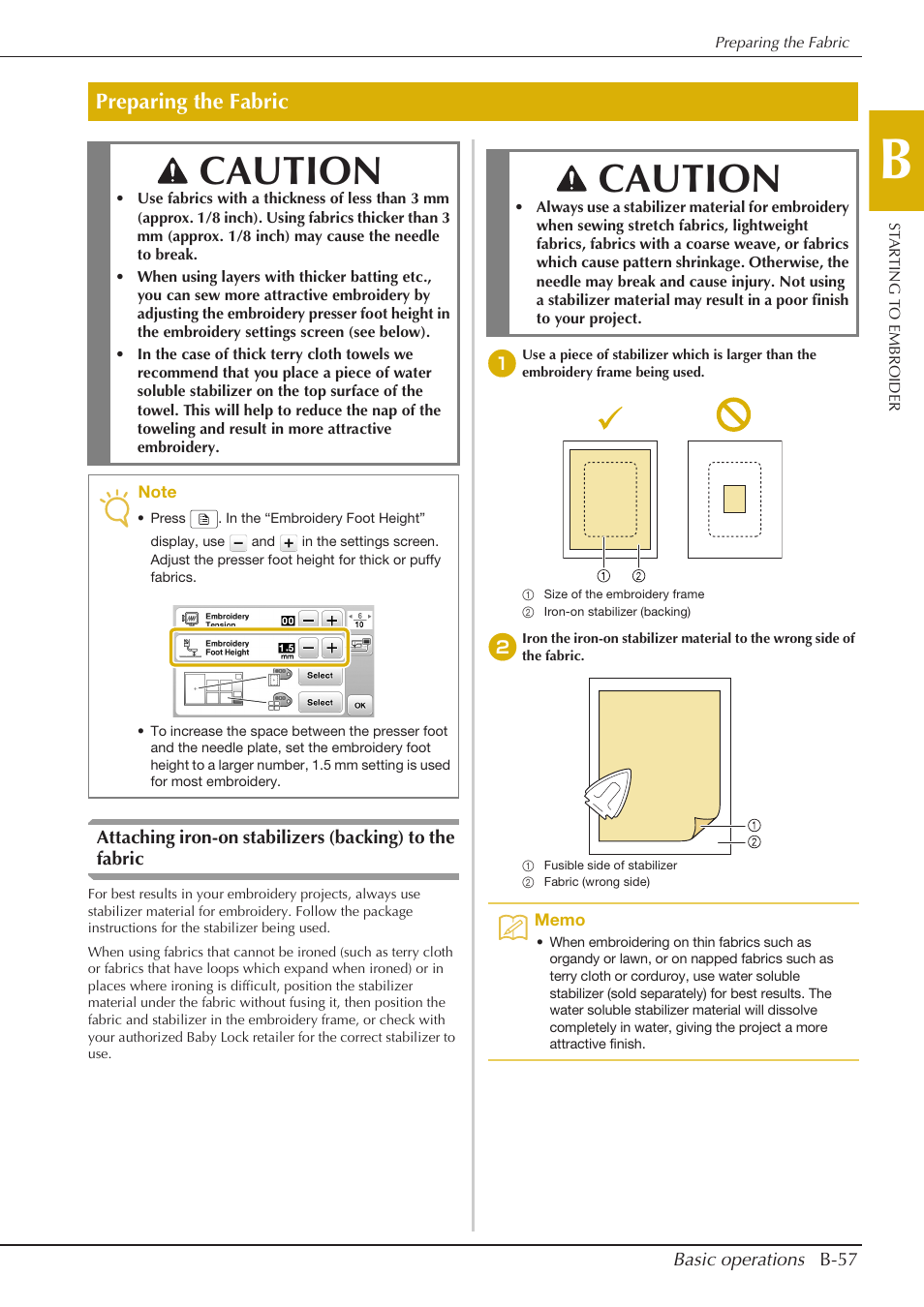 Caution, Preparing the fabric | Baby Lock Aventura (BLMAV) Instruction and Reference Guide User Manual | Page 67 / 204