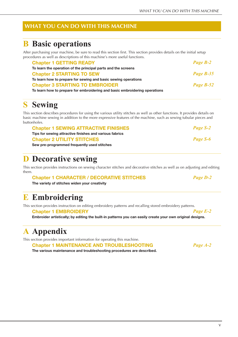 Bbasic operations, Ssewing, Ddecorative sewing | Eembroidering, Aappendix | Baby Lock Aventura (BLMAV) Instruction and Reference Guide User Manual | Page 7 / 204