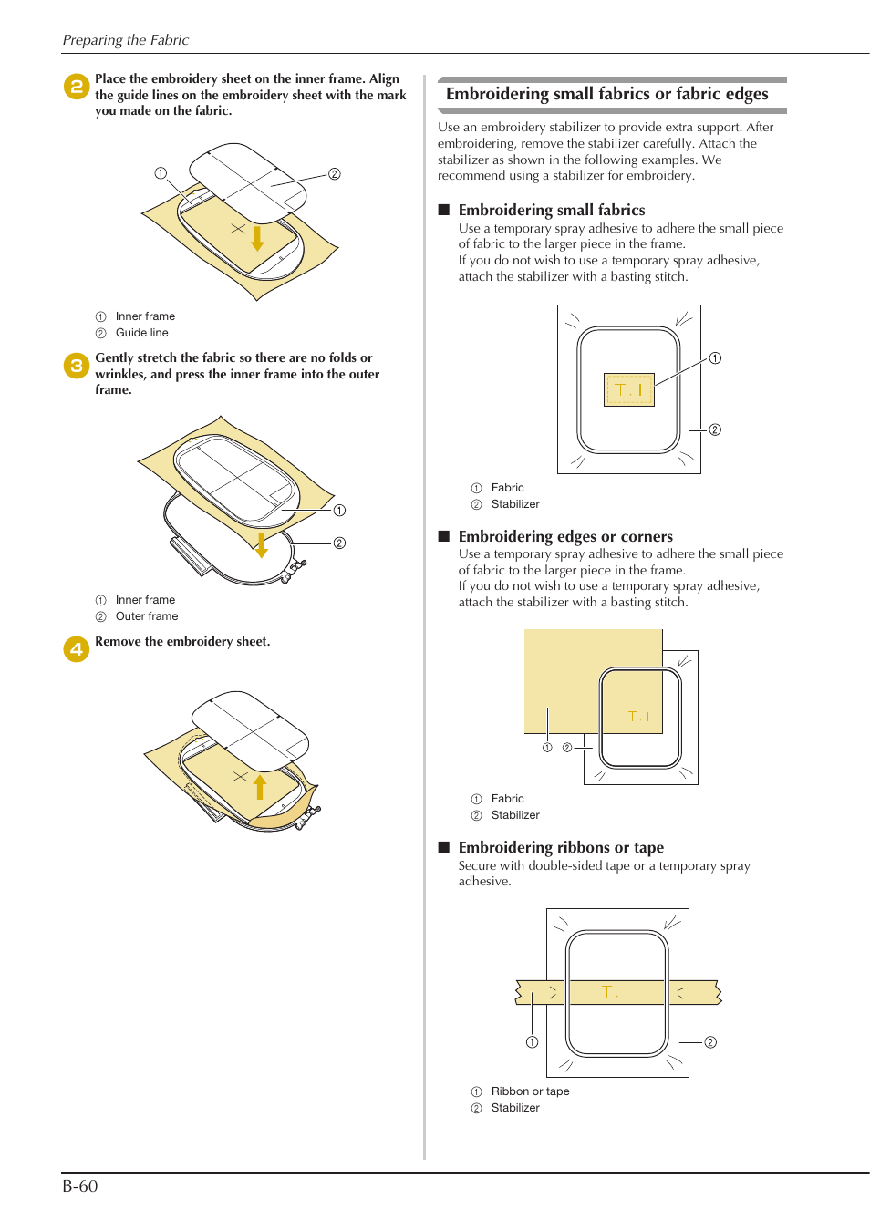 B-60, Embroidering small fabrics or fabric edges | Baby Lock Aventura (BLMAV) Instruction and Reference Guide User Manual | Page 70 / 204
