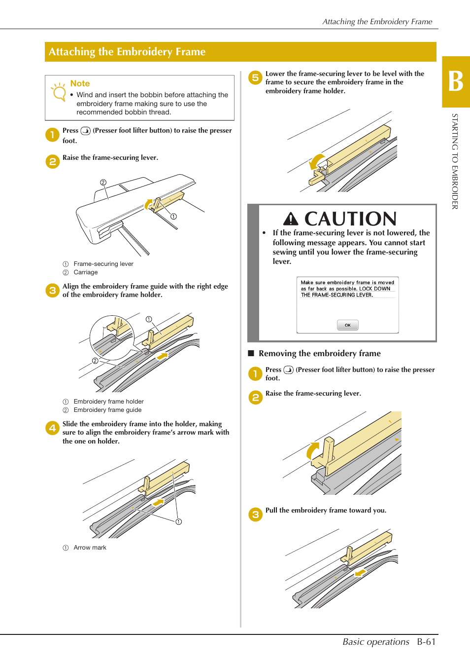 Caution, Attaching the embroidery frame | Baby Lock Aventura (BLMAV) Instruction and Reference Guide User Manual | Page 71 / 204