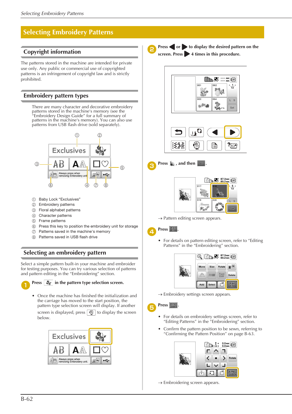 Selecting embroidery patterns, B-62 copyright information, Embroidery pattern types | Selecting an embroidery pattern | Baby Lock Aventura (BLMAV) Instruction and Reference Guide User Manual | Page 72 / 204