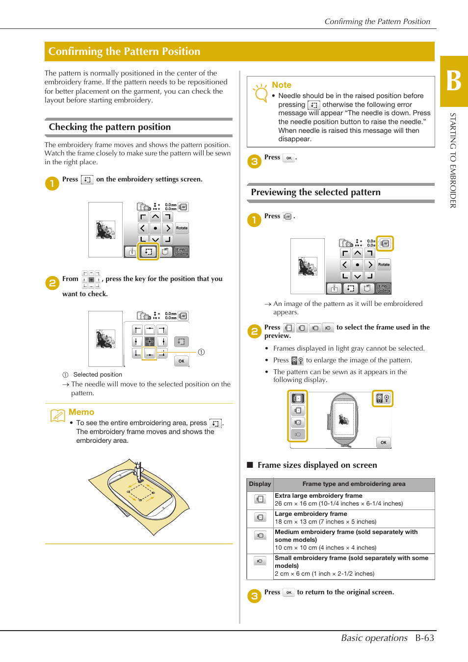 Confirming the pattern position, Basic operations b-63, Checking the pattern position | Previewing the selected pattern | Baby Lock Aventura (BLMAV) Instruction and Reference Guide User Manual | Page 73 / 204