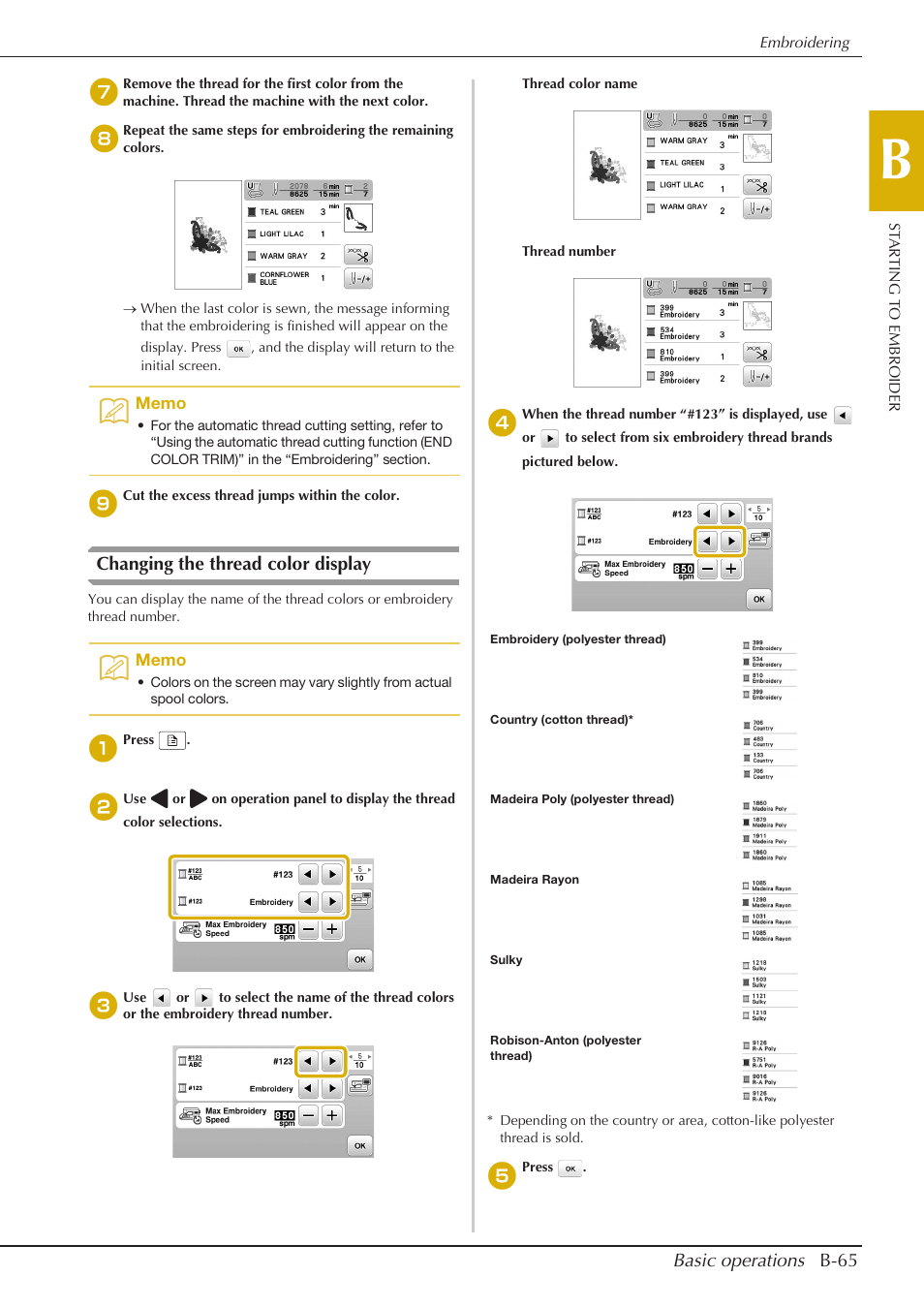 Basic operations b-65, Changing the thread color display | Baby Lock Aventura (BLMAV) Instruction and Reference Guide User Manual | Page 75 / 204