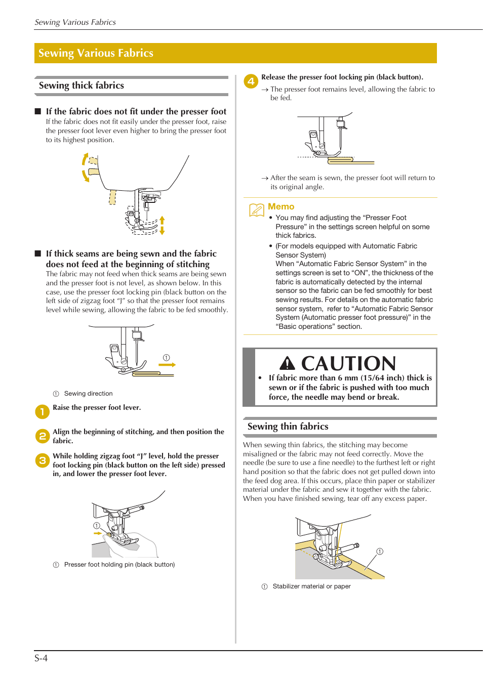 Caution, Sewing various fabrics, S-4 sewing thick fabrics | Sewing thin fabrics | Baby Lock Aventura (BLMAV) Instruction and Reference Guide User Manual | Page 80 / 204