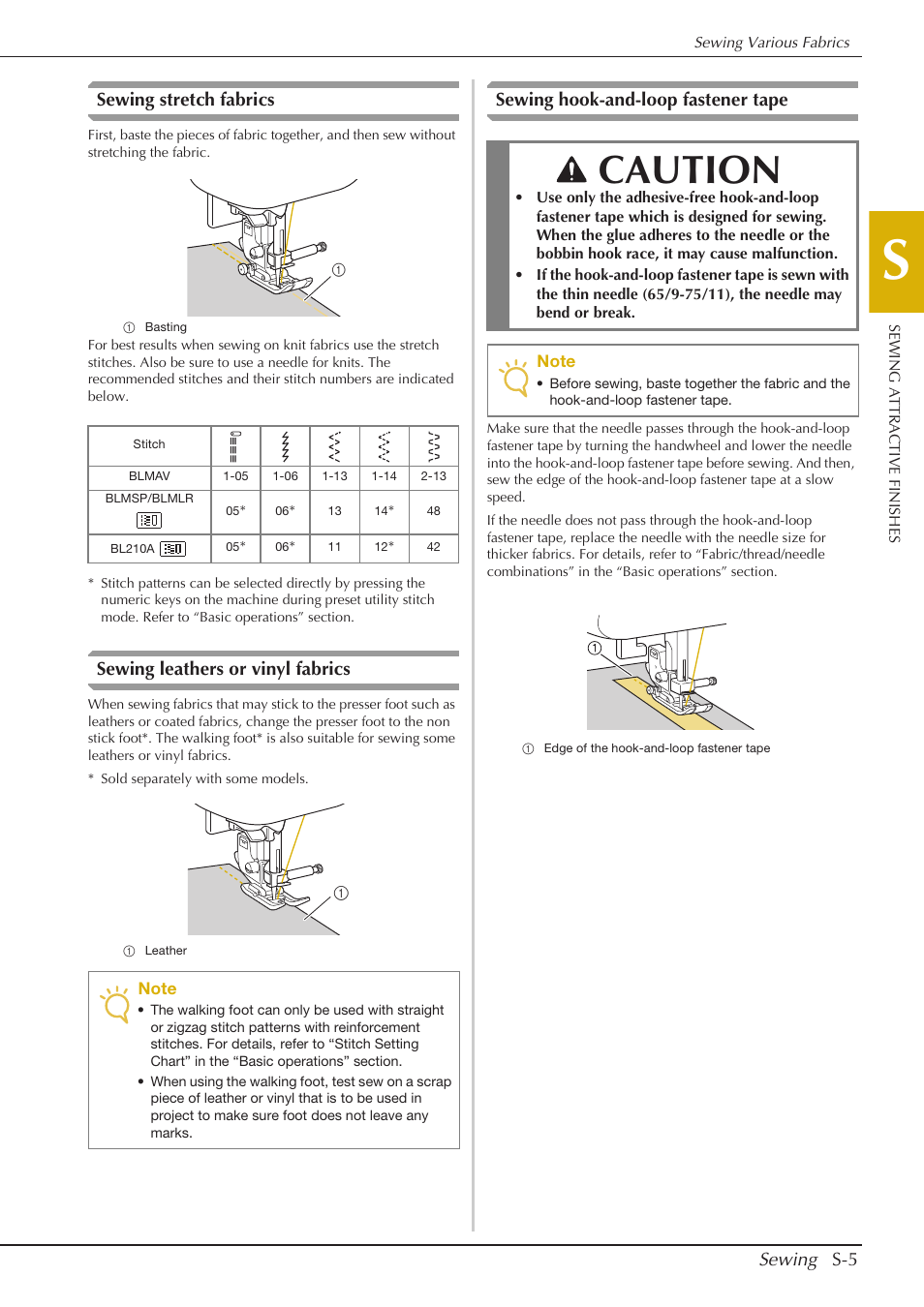 Caution, Sewing s-5, Sewing stretch fabrics | Sewing leathers or vinyl fabrics, Sewing hook-and-loop fastener tape | Baby Lock Aventura (BLMAV) Instruction and Reference Guide User Manual | Page 81 / 204