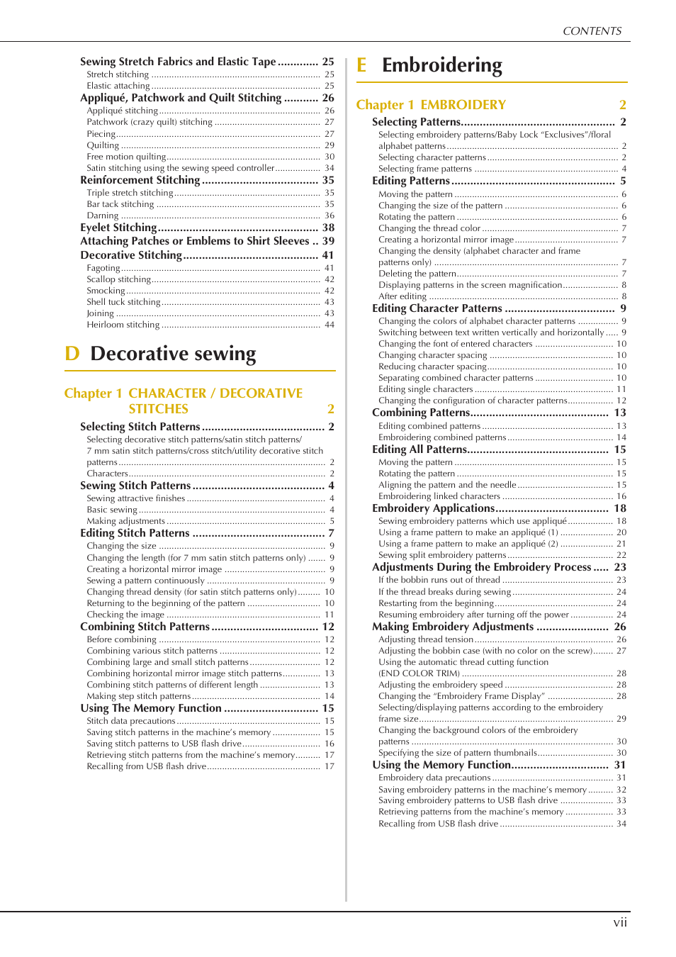 Ddecorative sewing, Eembroidering, Chapter 1 character / decorative stitches 2 | Chapter 1 embroidery 2 | Baby Lock Aventura (BLMAV) Instruction and Reference Guide User Manual | Page 9 / 204