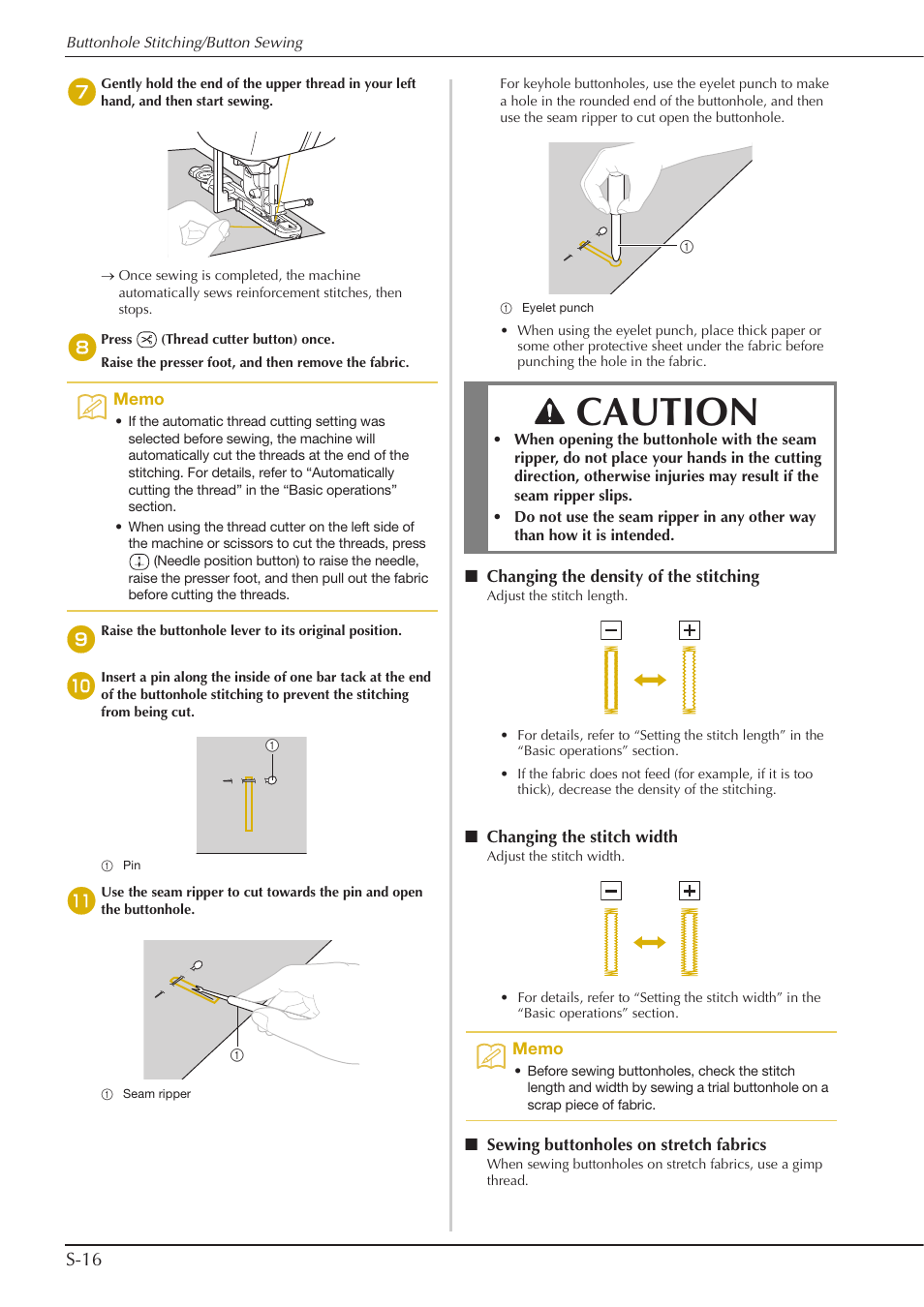 Caution, S-16 | Baby Lock Aventura (BLMAV) Instruction and Reference Guide User Manual | Page 92 / 204