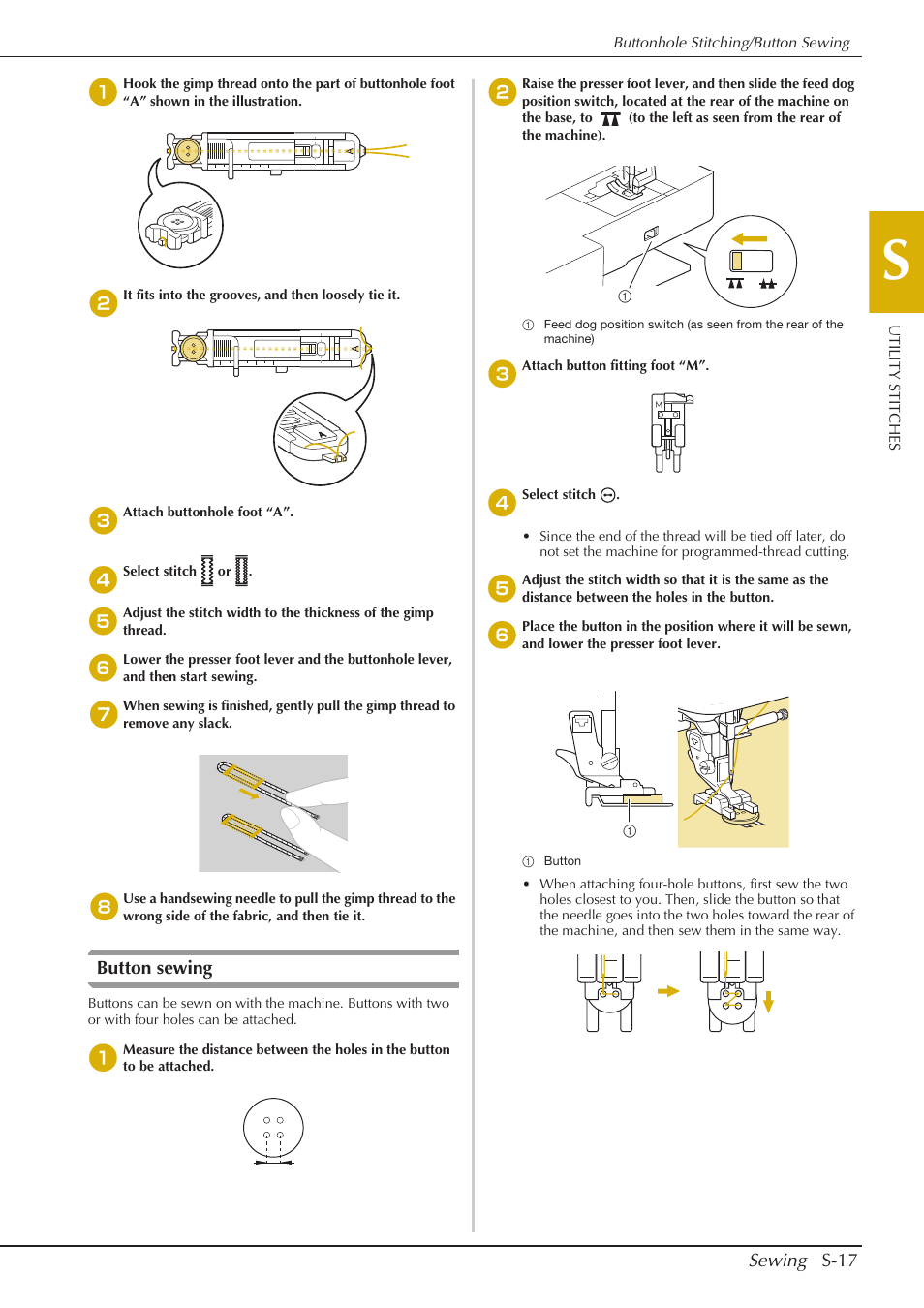 Sewing s-17, Button sewing | Baby Lock Aventura (BLMAV) Instruction and Reference Guide User Manual | Page 93 / 204